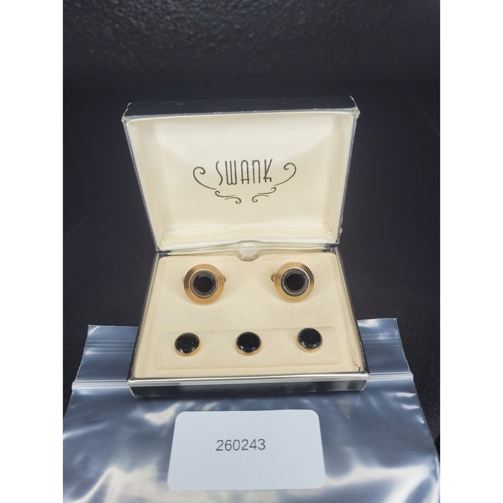 Swank Cufflink Shirt Stud Set Gold Tone Black Ribbed Border 5 Piece Boxed Set